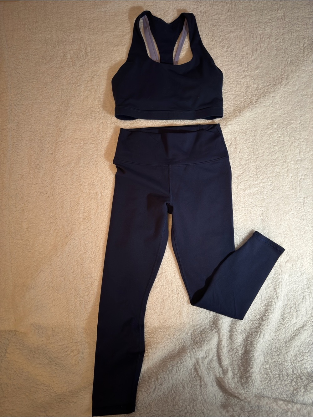 Fabletics Black High-Rise Leggings with Matching Navy Blue Racerback Sports Bra